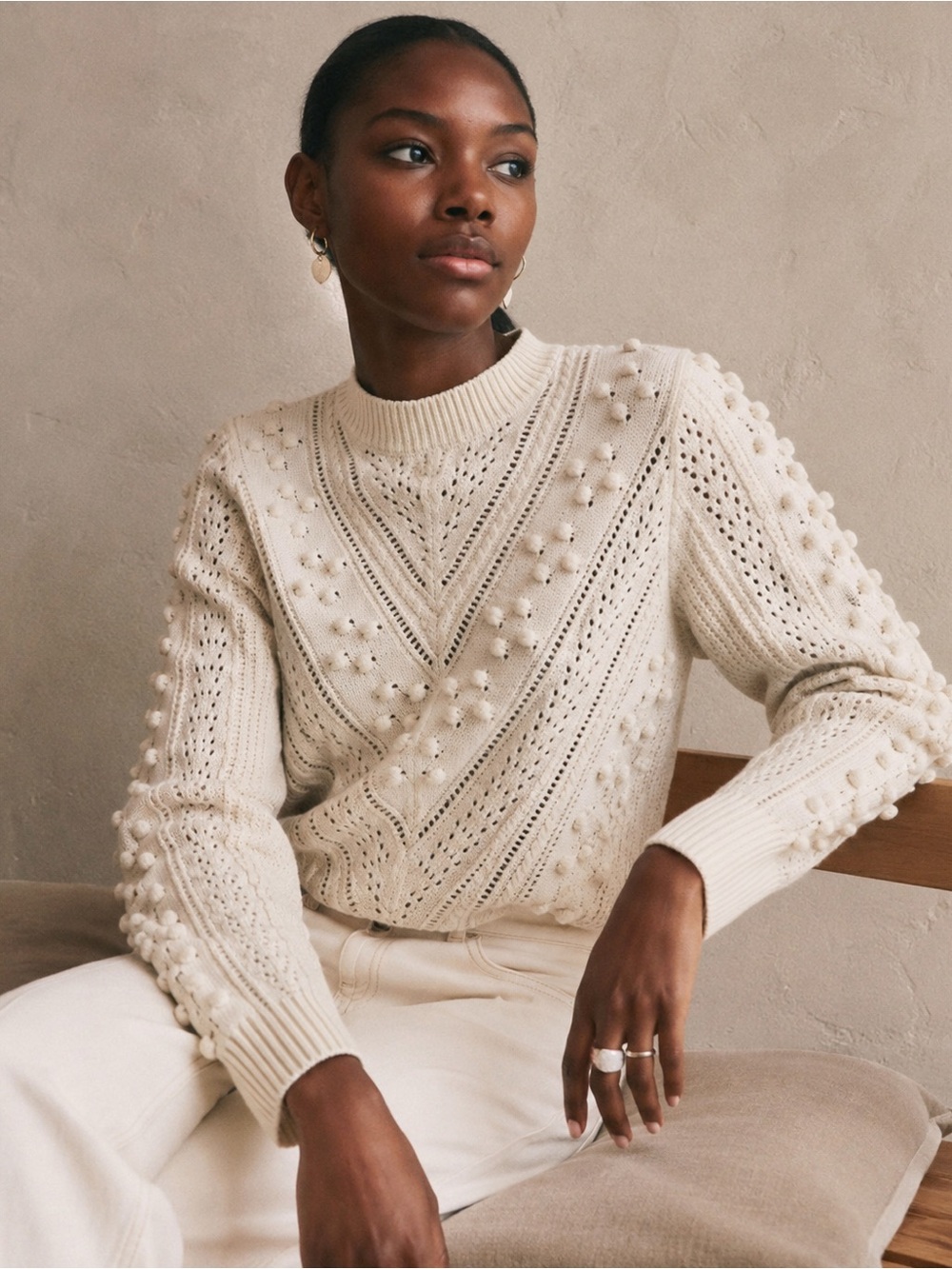 Sezane Solal Jumper Cream With Openwork Crewneck Sweater- Size Large